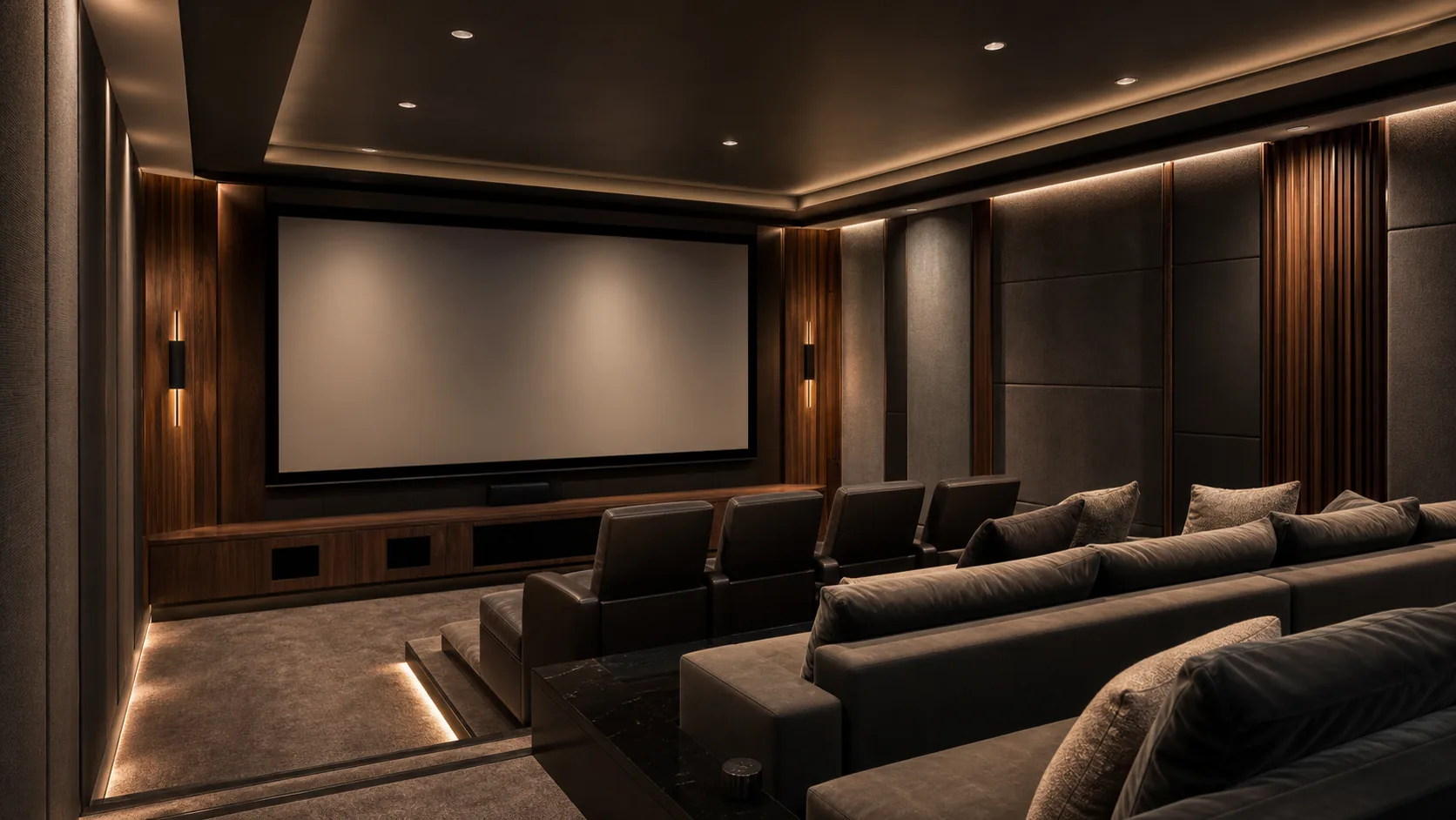 Premium home theater with concealed speakers and warm architectural lighting