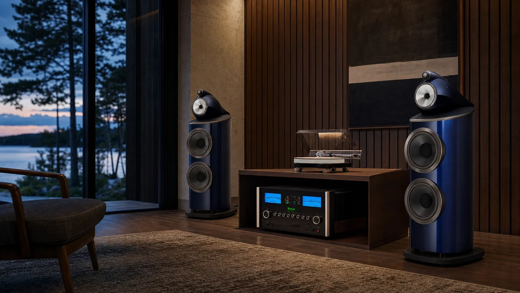 Bowers & Wilkins 801 D4 Signature speakers with McIntosh amplification and a Rega turntable in a lakeside listening room