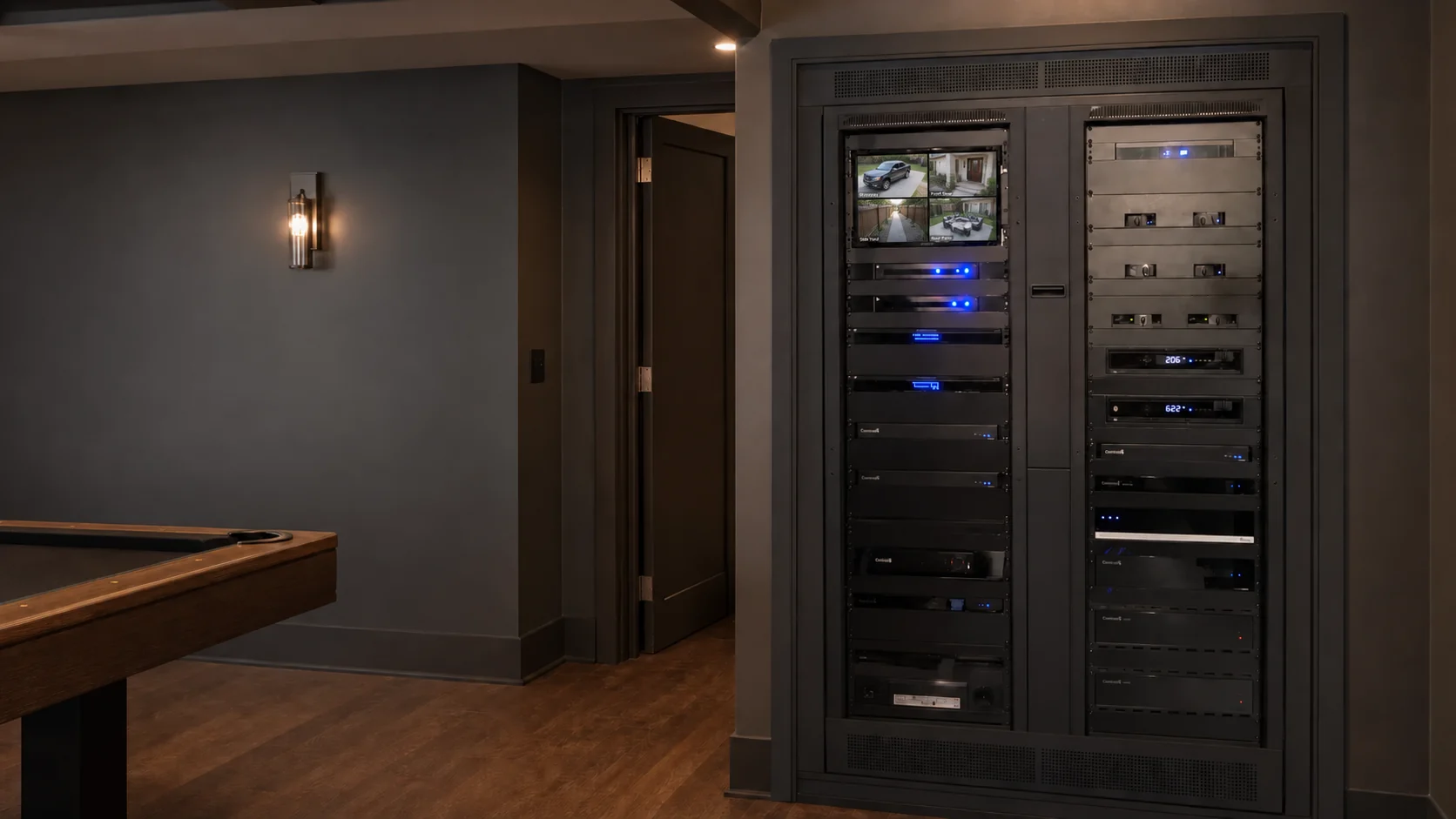 Large dual-bay ProSound equipment rack with a four-camera security feed on its monitor, built into a finished basement game-room wall