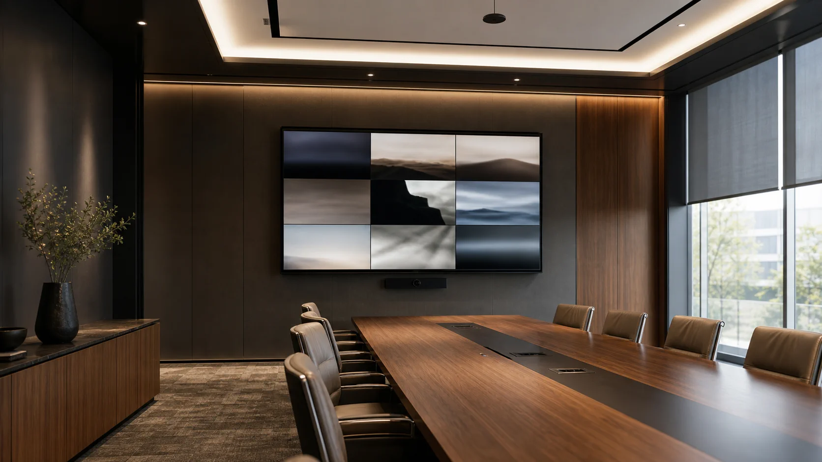 Modern boardroom with integrated conferencing, motorized shades, and layered lighting