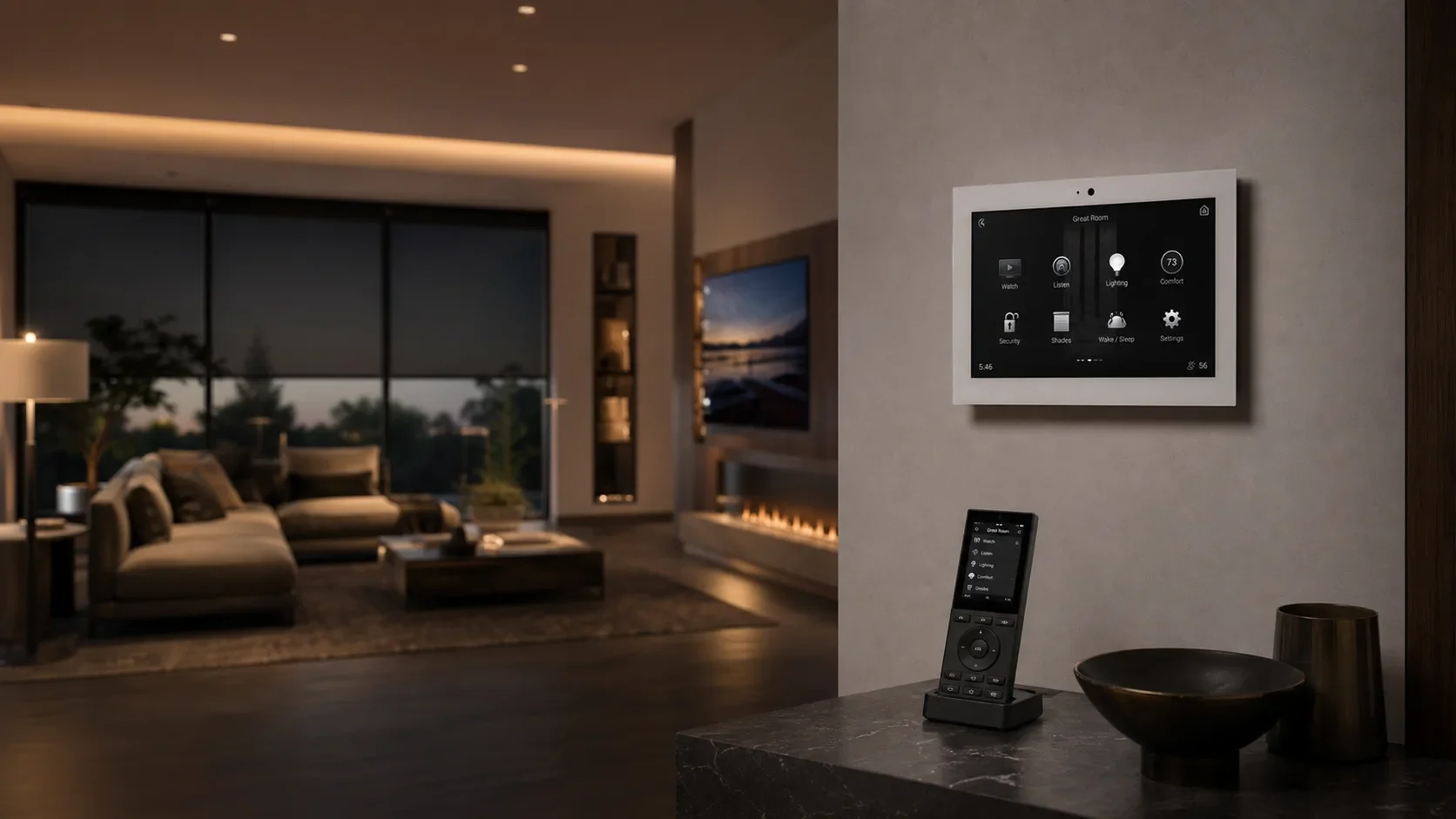 ProSound-designed automation scene with a dedicated wall touchscreen and handheld remote