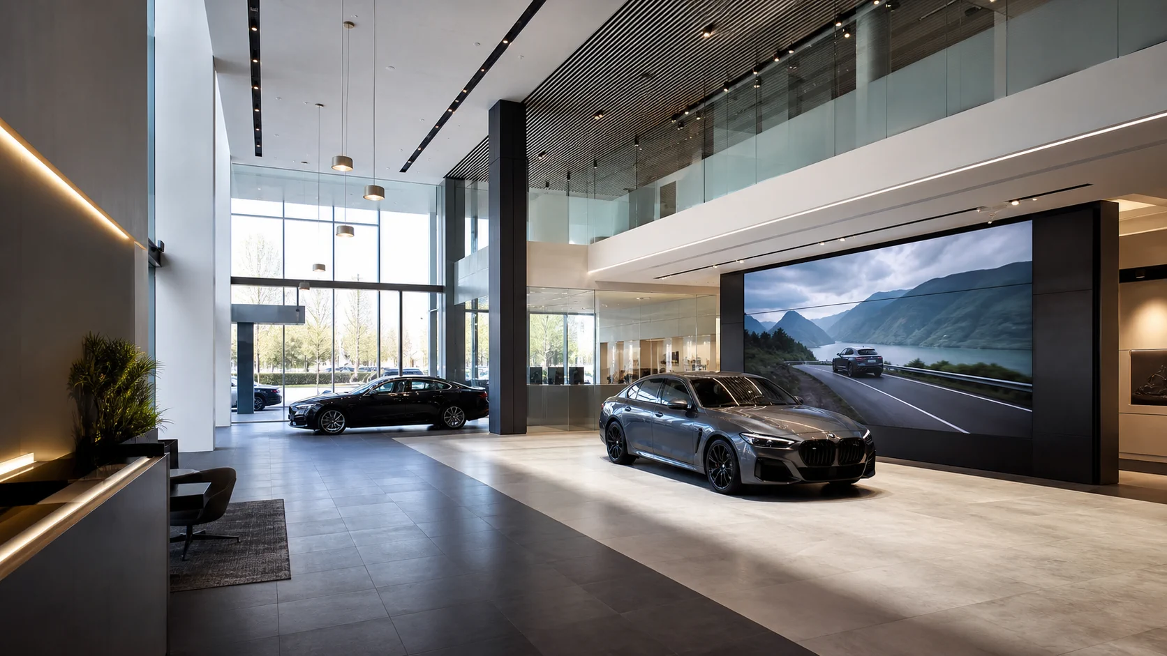 Premium automotive showroom with integrated commercial AV, lighting, and control