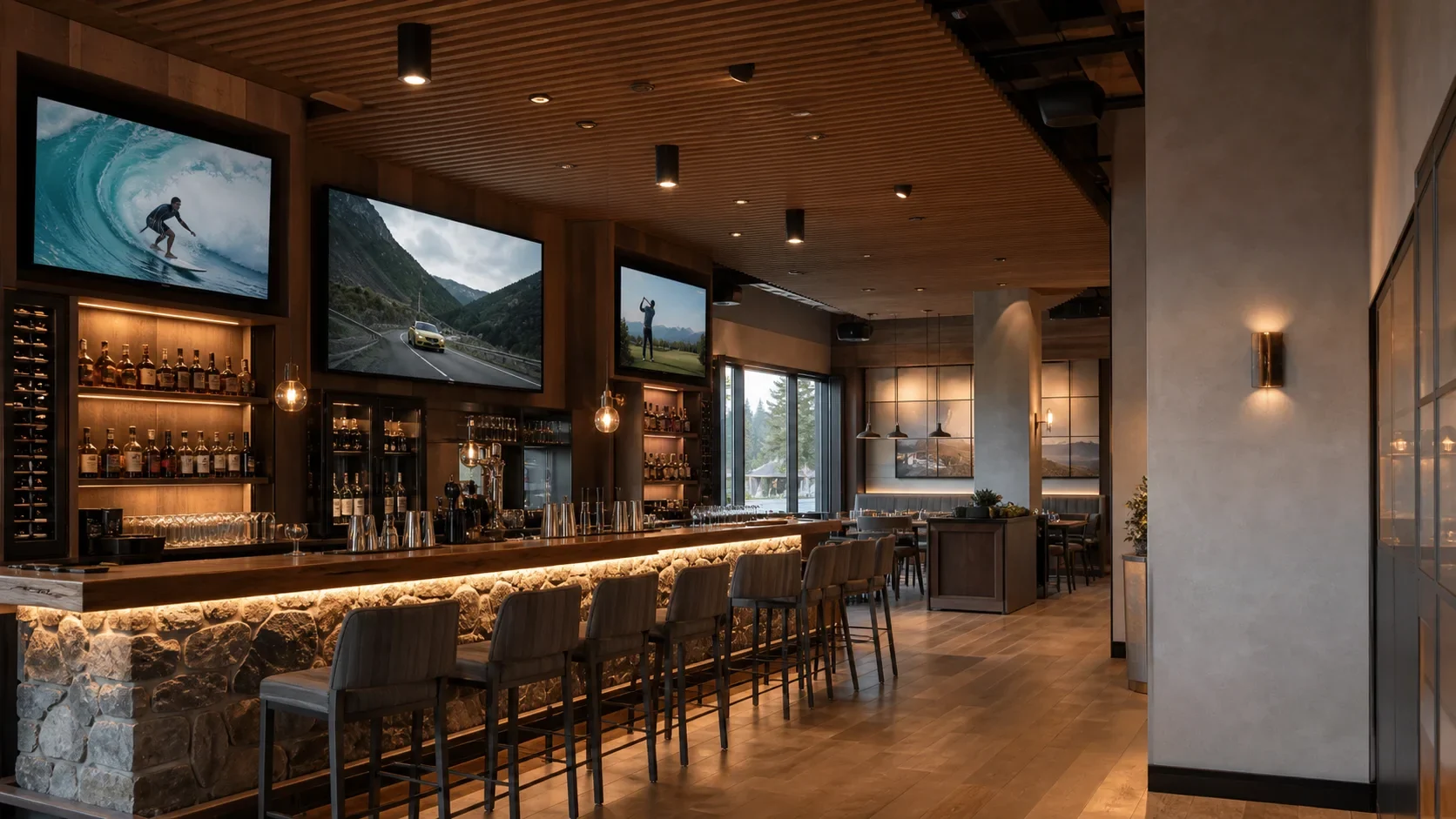 Upscale restaurant and bar with coordinated displays, audio, and architectural lighting