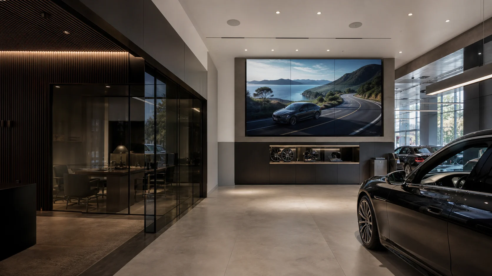 Automotive showroom with a large integrated video wall and discreet ceiling audio