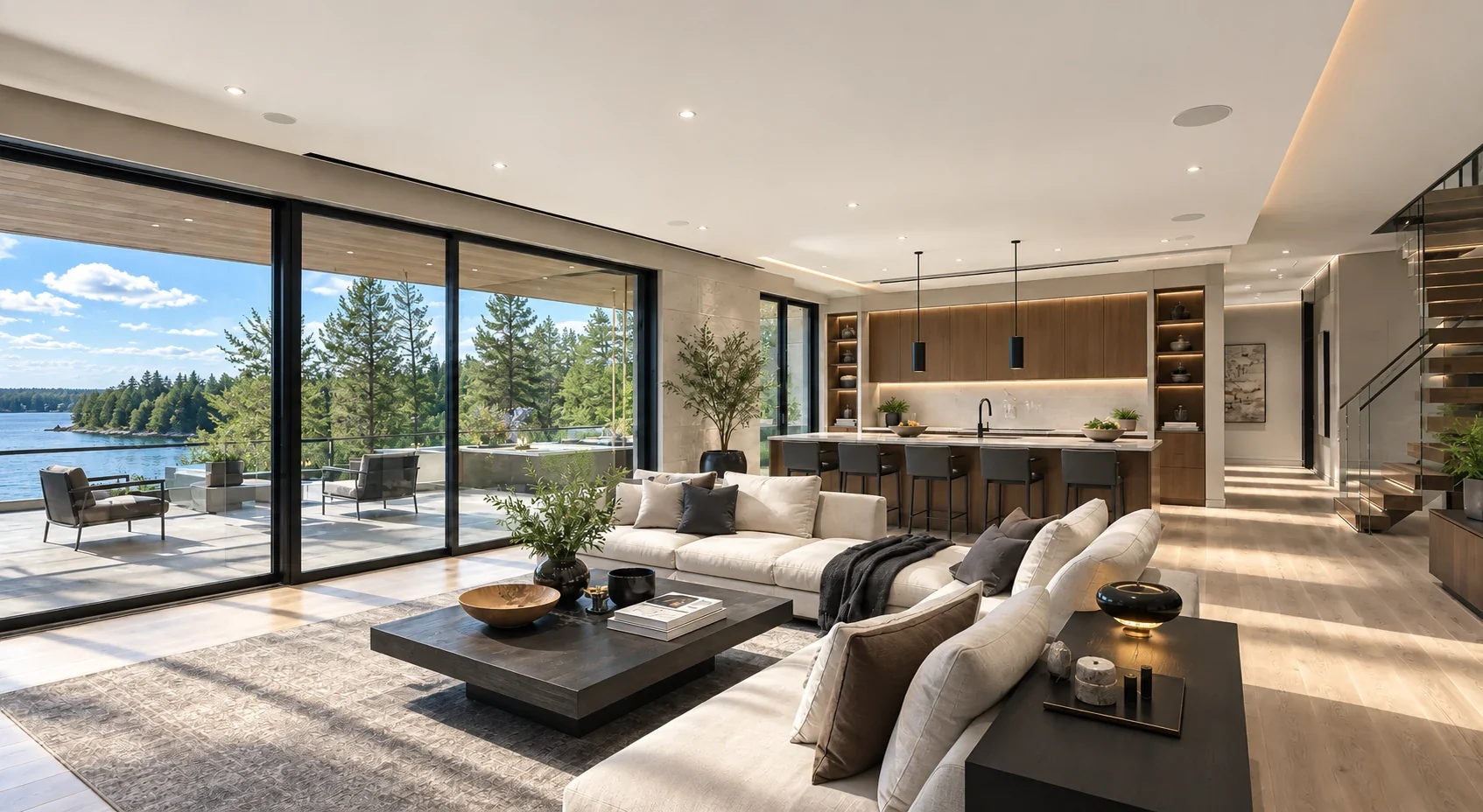 Sunlit lakefront smart home with an open-plan living room and kitchen