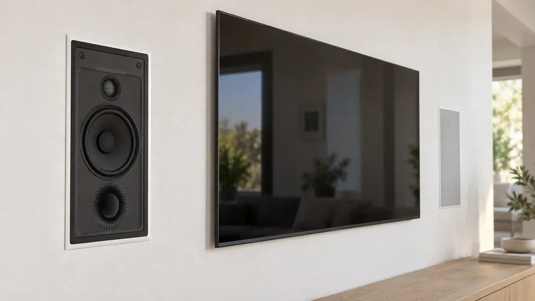 Uncovered Bowers & Wilkins in-wall speaker beside a switched-off television, with the matching right speaker covered