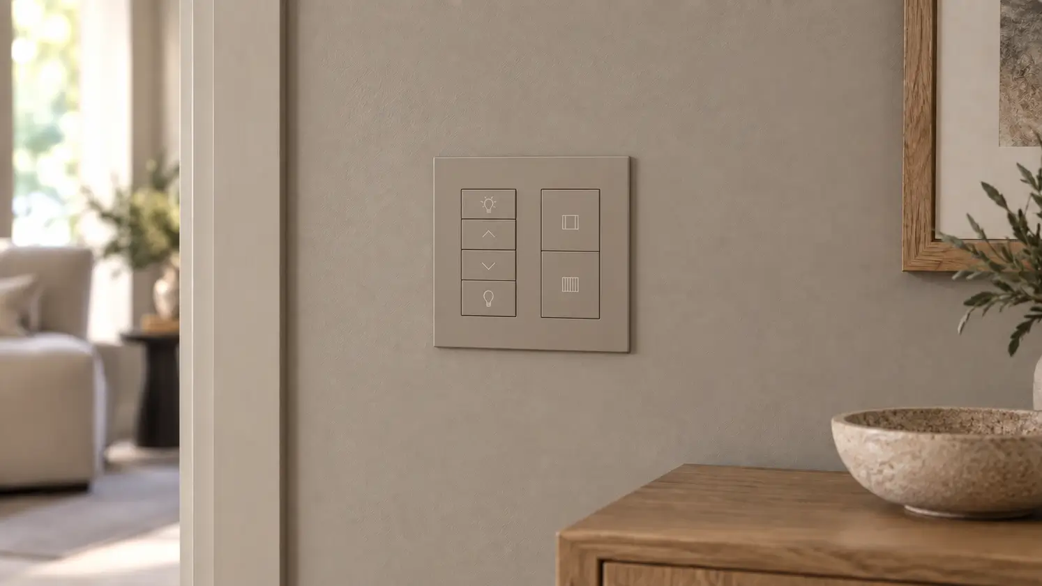 Beige two-gang Palladiom lighting controls on a matching living room wall beside an oak console