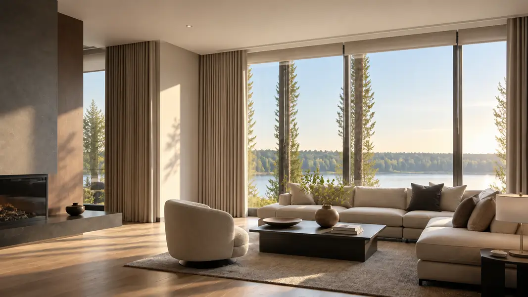 Lakefront living room in the morning with roller shades raised and drapery open