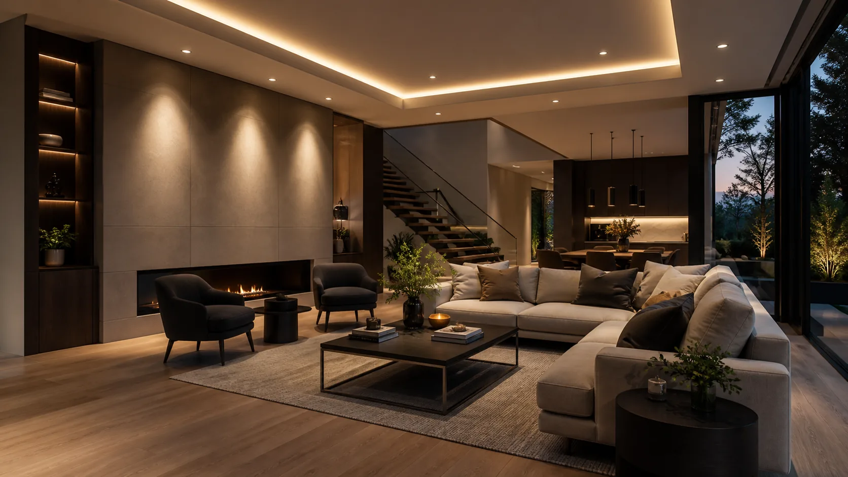 Premium living room arranged for layered lighting scenes