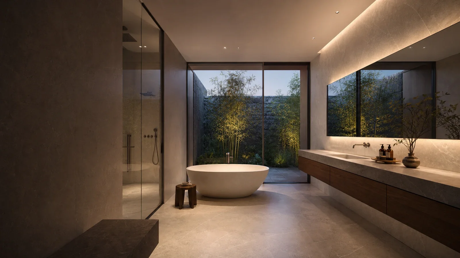 Primary bathroom with small-aperture downlights and a calm morning lighting scene