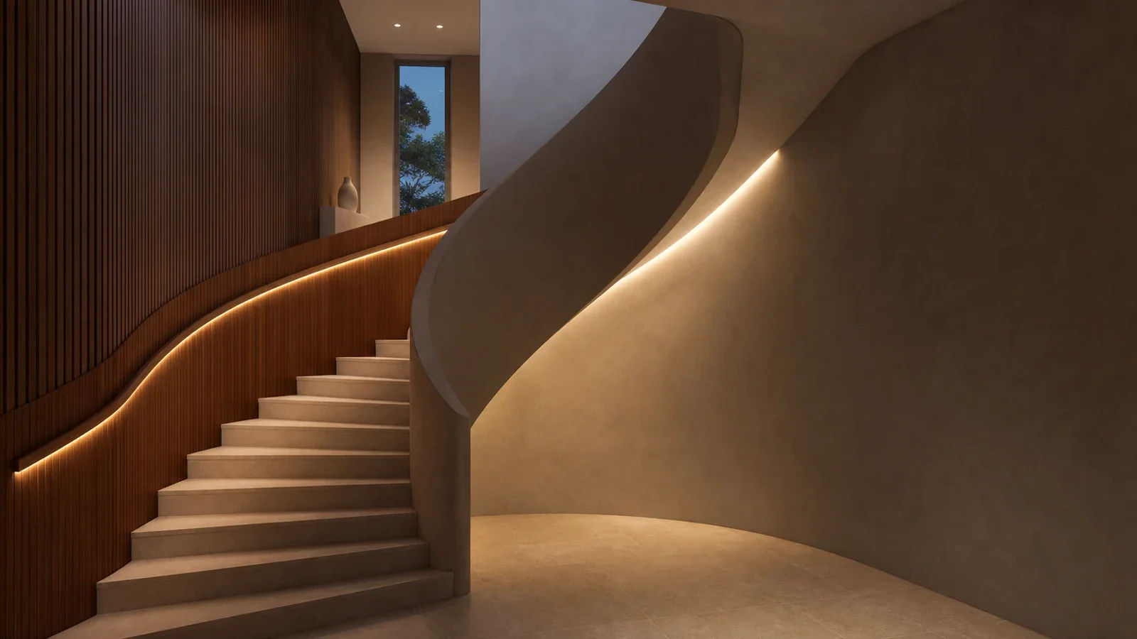 Curved residential staircase with concealed architectural linear lighting