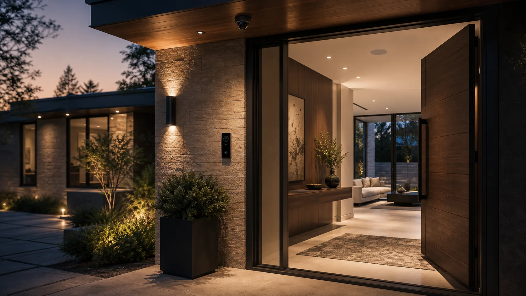Luxury home entry with discreet security camera, access panel, and connected foyer