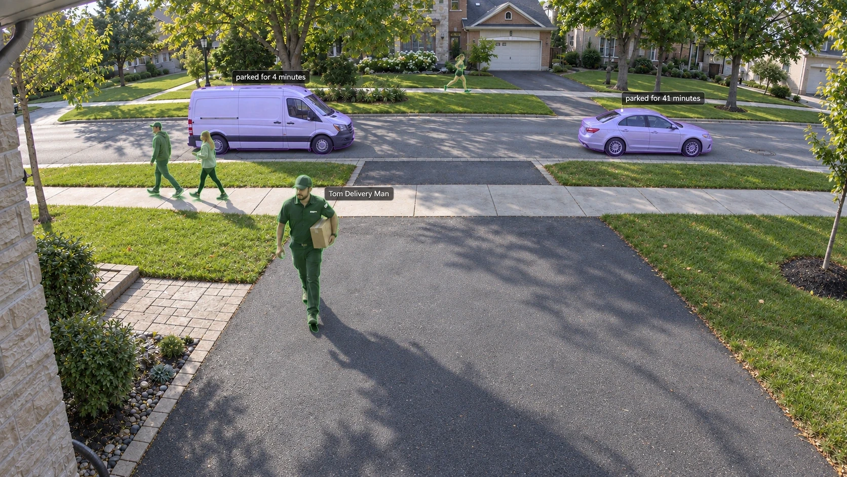 House-mounted camera view down a residential driveway: a van and sedan parked beside the curb have purple detection overlays and parking-duration labels; a delivery man labelled Tom Delivery Man, two near-side sidewalk walkers, and a woman running along the opposite sidewalk have green detection overlays