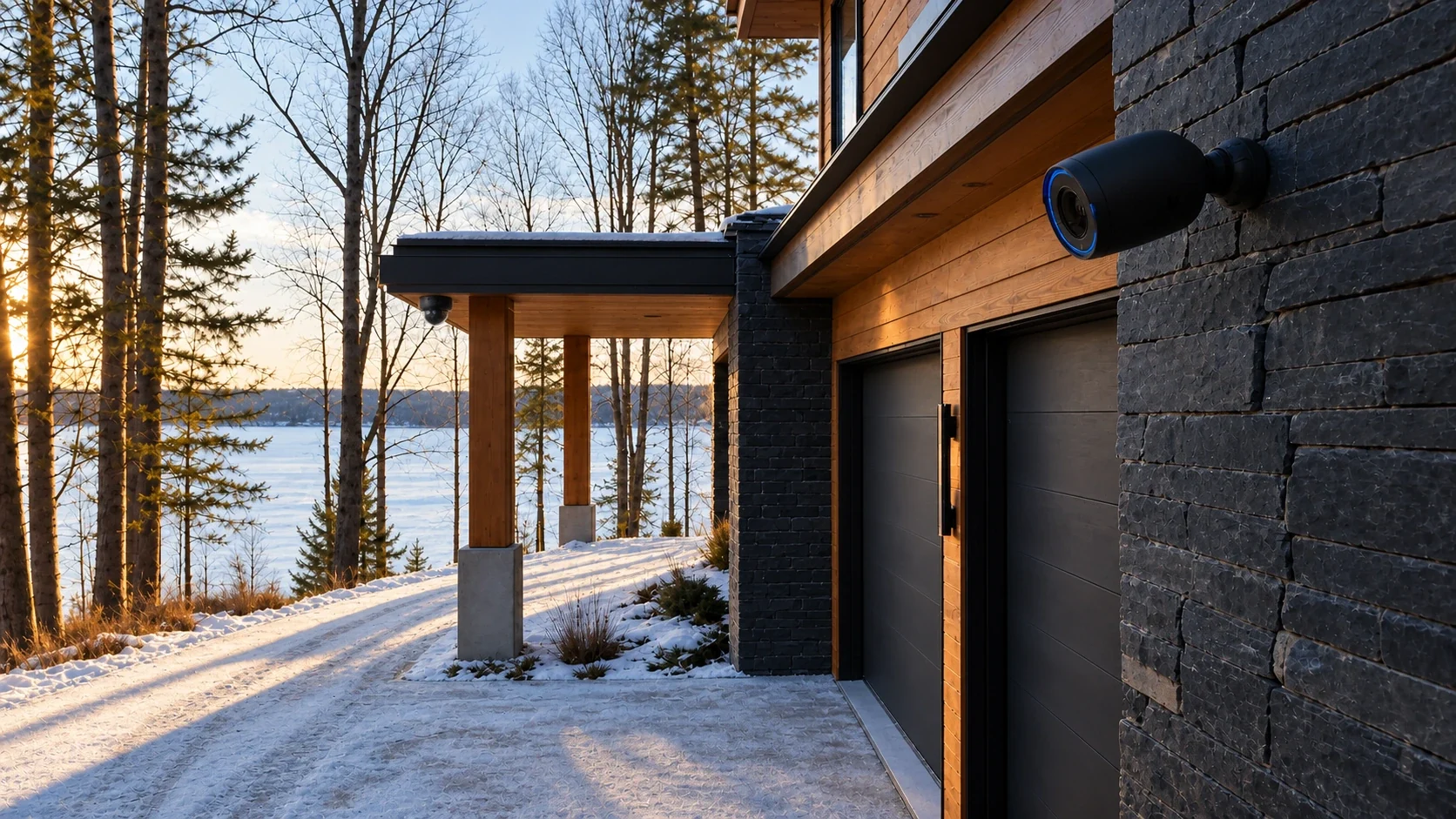 Winter lake house with a UniFi G6 Dome beneath the entrance canopy and a wall-mounted camera facing the driveway