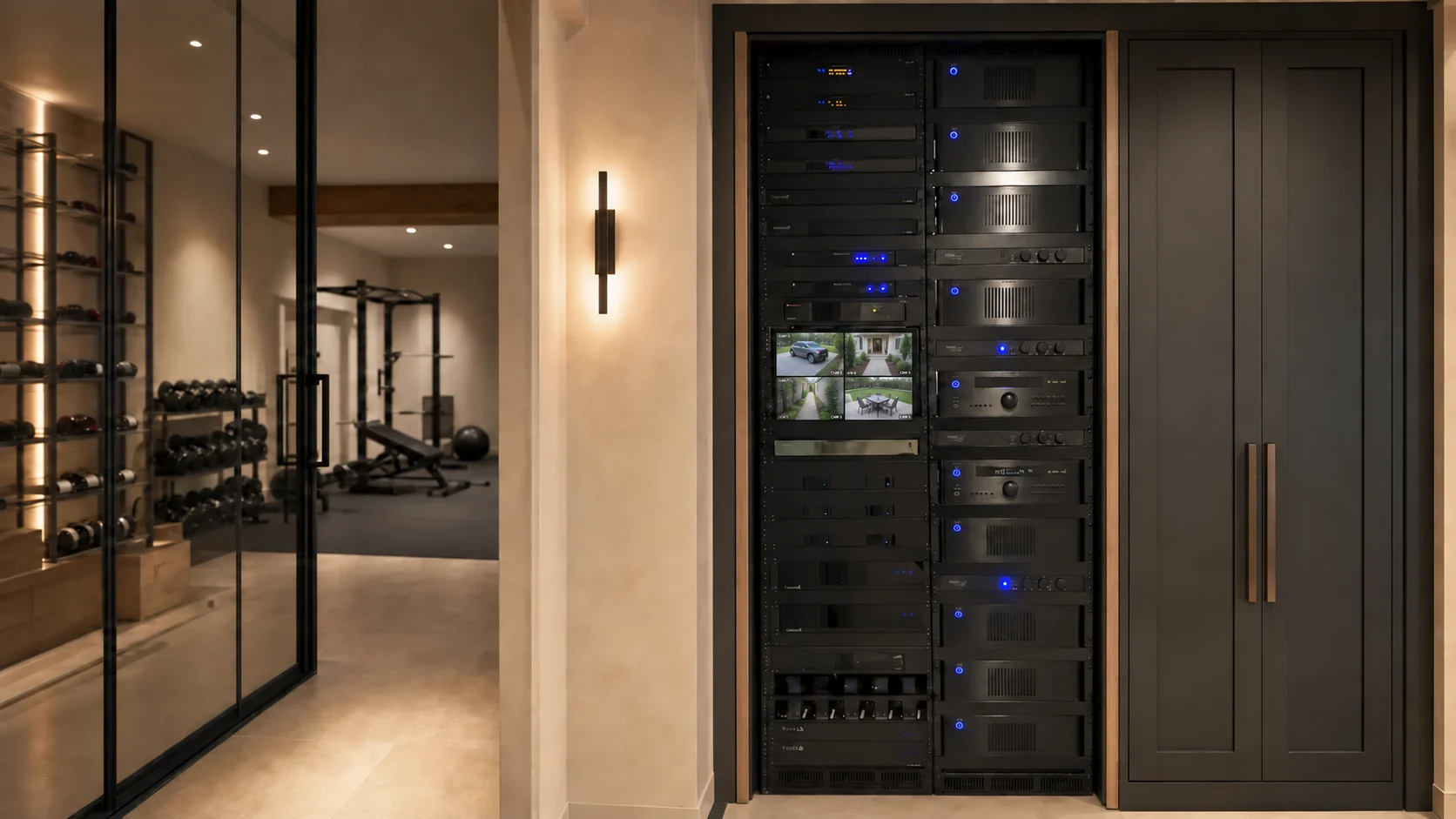 ProSound-built dual-bay equipment rack beside a home gym, with a four-camera security feed on its monitor