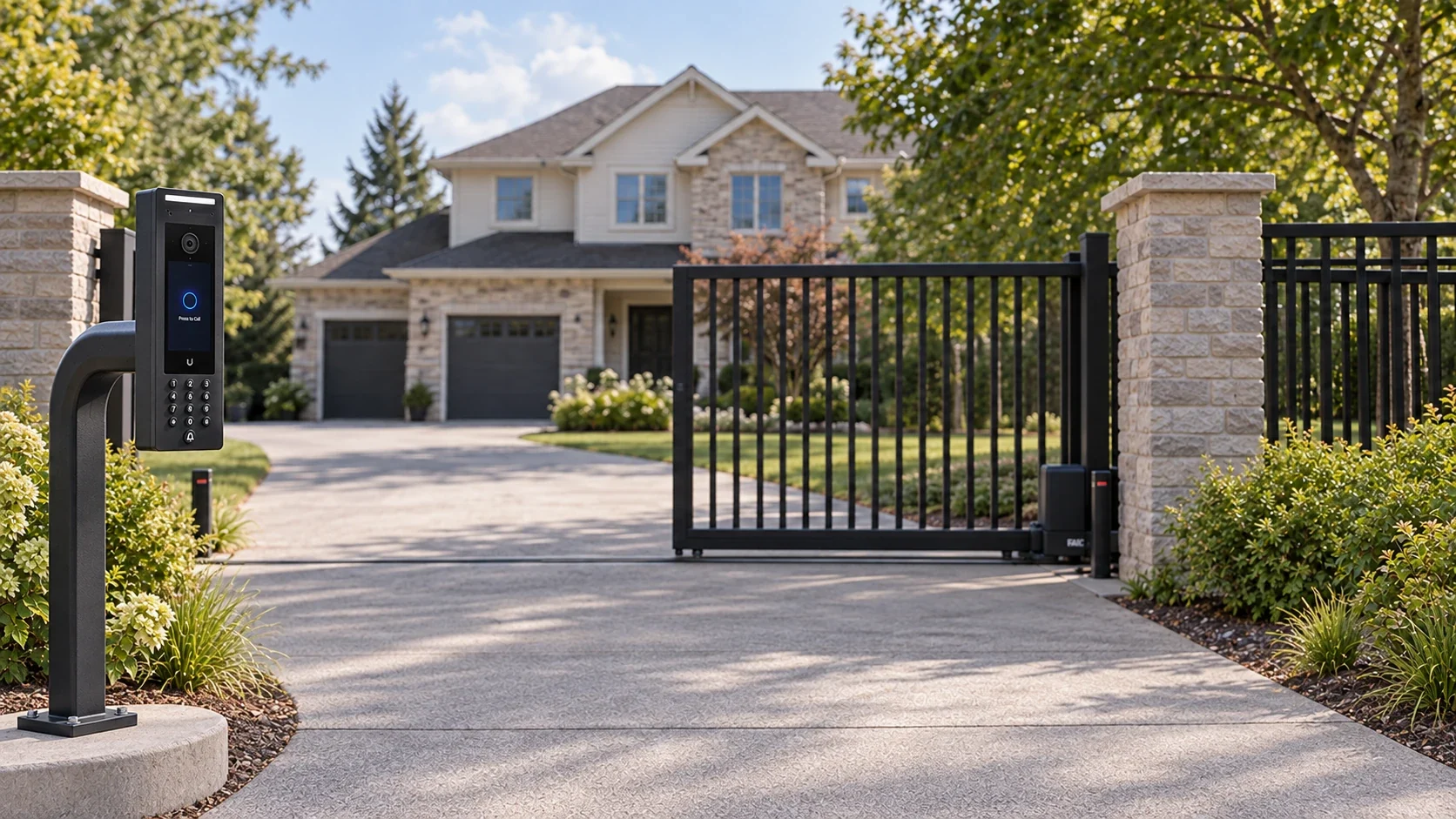 Residential driveway with a half-open sliding gate, safety sensors, and a video intercom on the arriving driver’s side