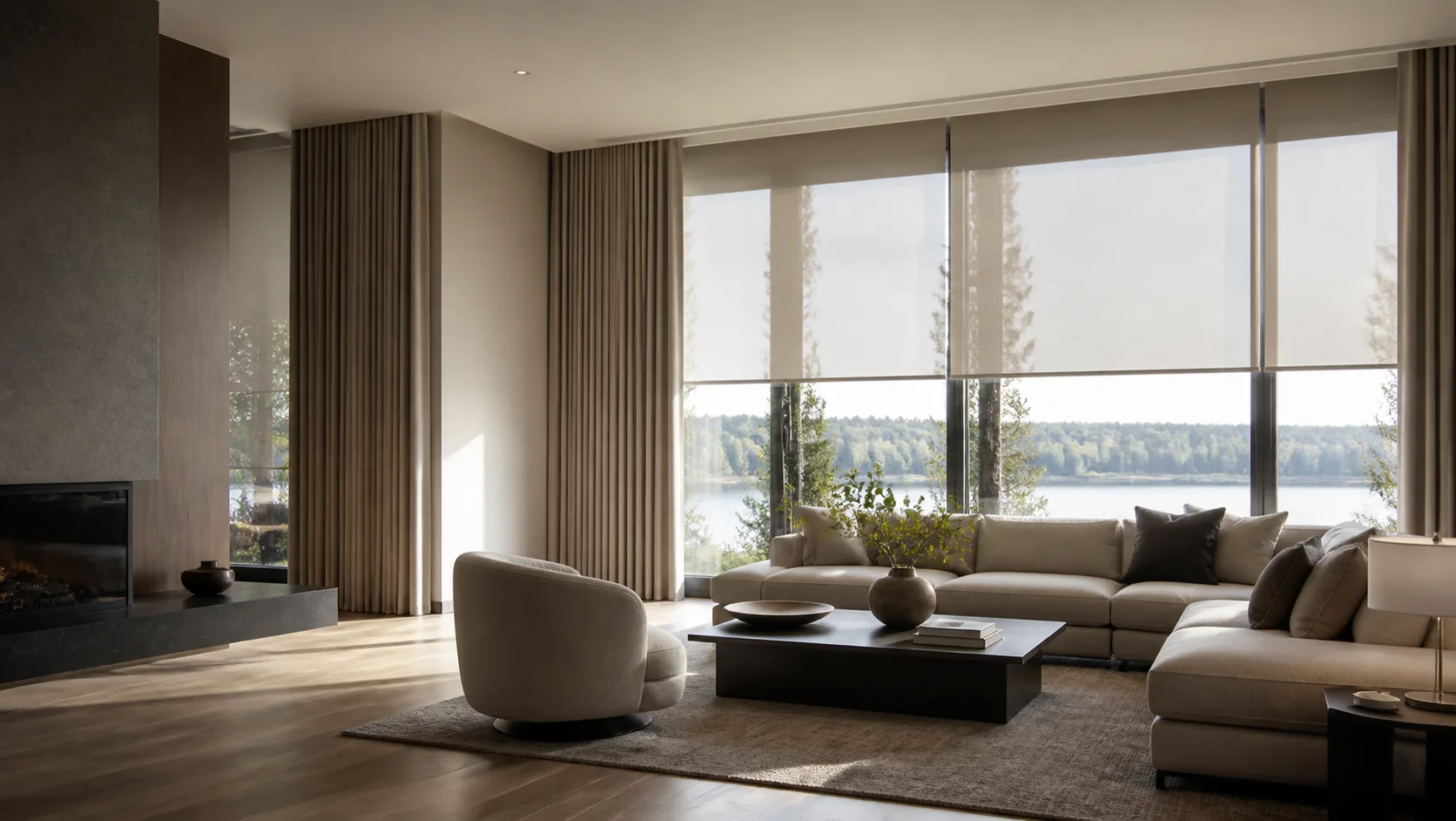 Luxury living room with motorized shades and soft custom drapery