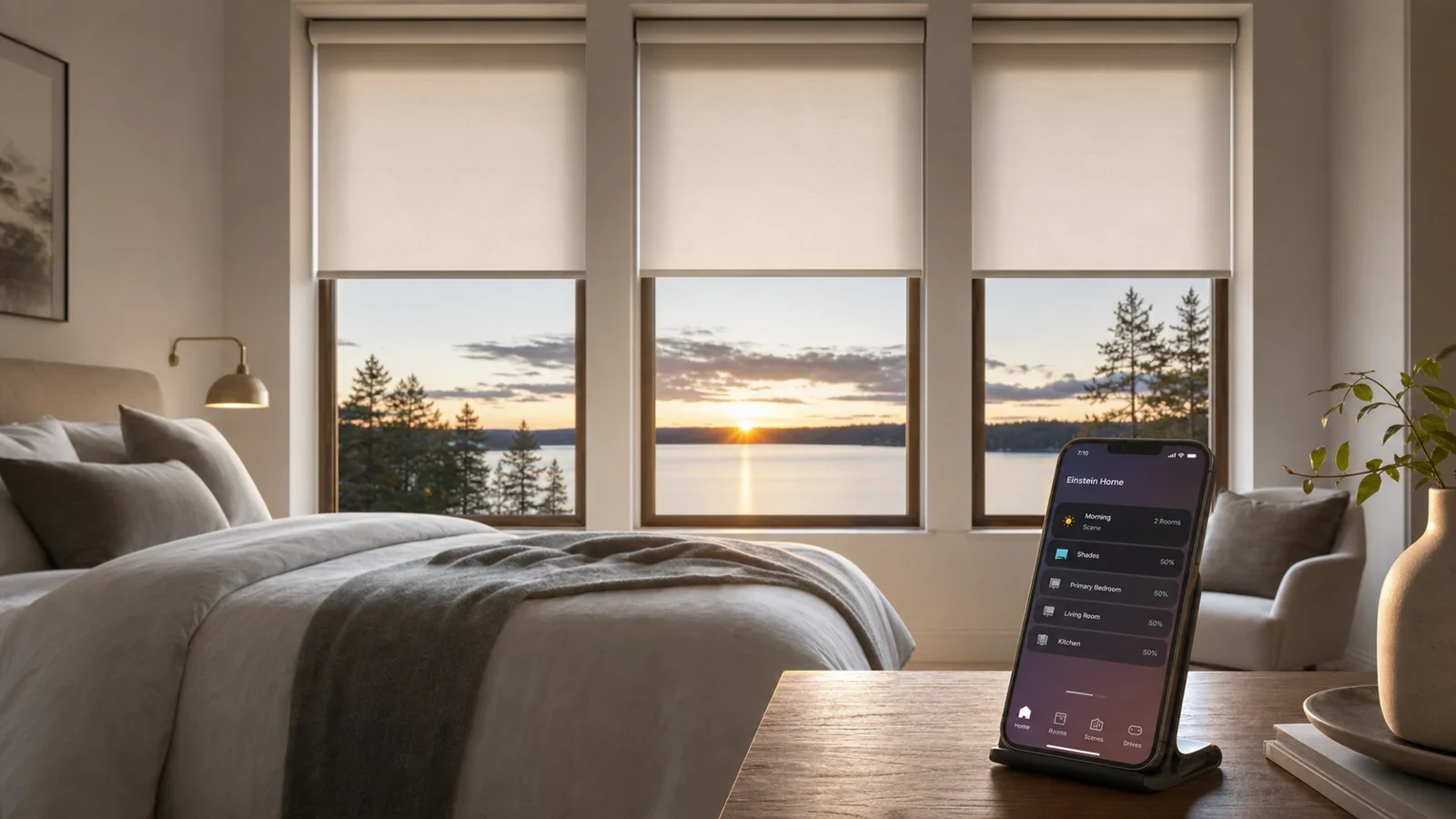 Control4 app running a morning scene that raises Lutron shades in a lakefront bedroom