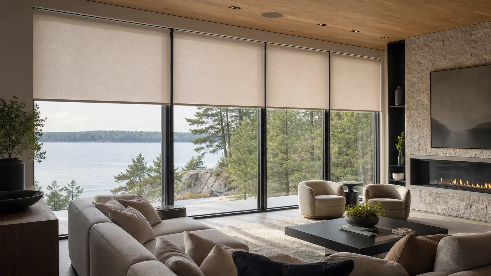 Living room with motorized shades and television