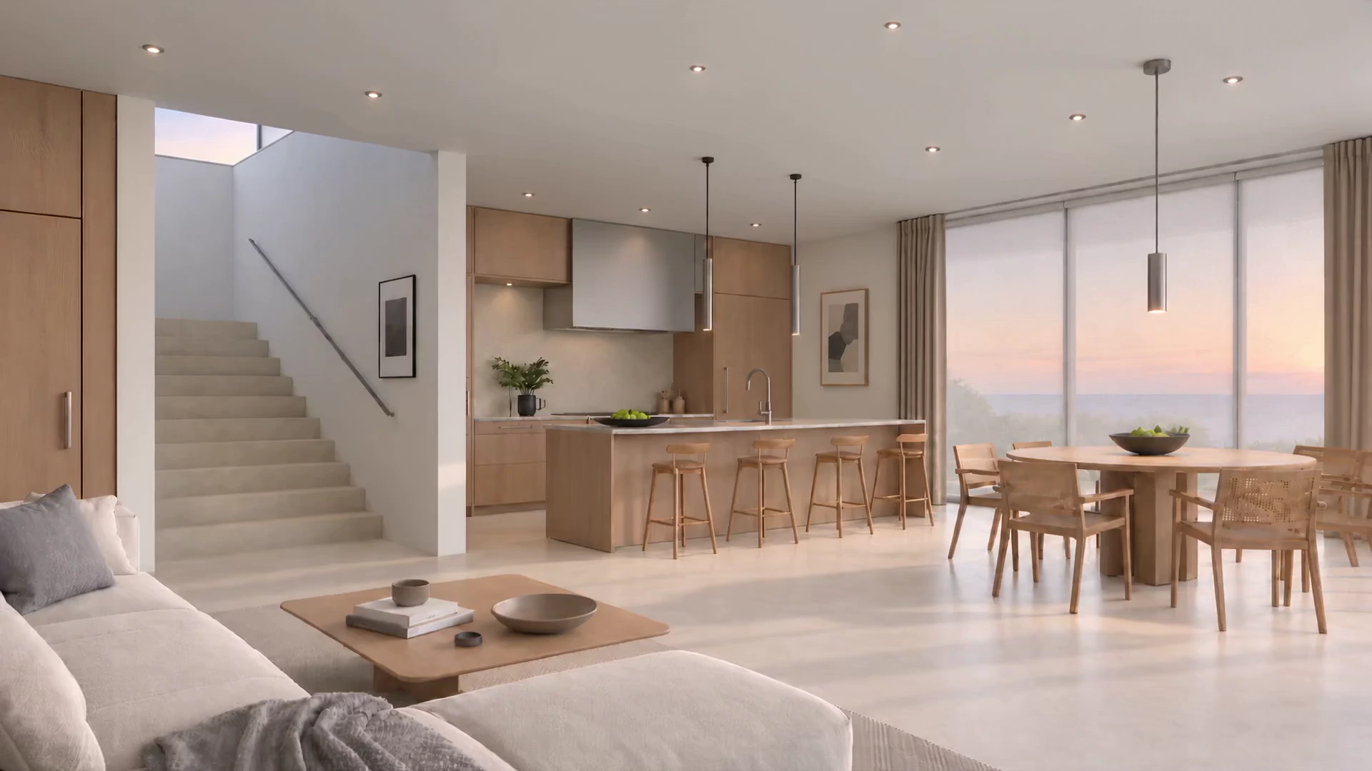 Living and dining room with automated shades and drapery overlooking the water
